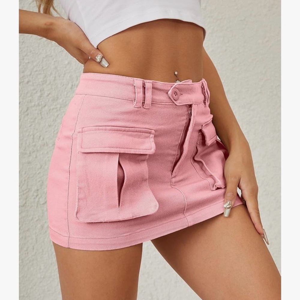Pink Mini Cargo Y2K Button Denim Skirt